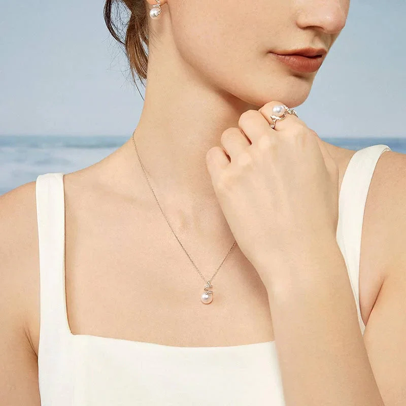 Akoya Pearl 18K White Gold Multi-Curve Wave Diamonds Pendant Necklace - Image 4