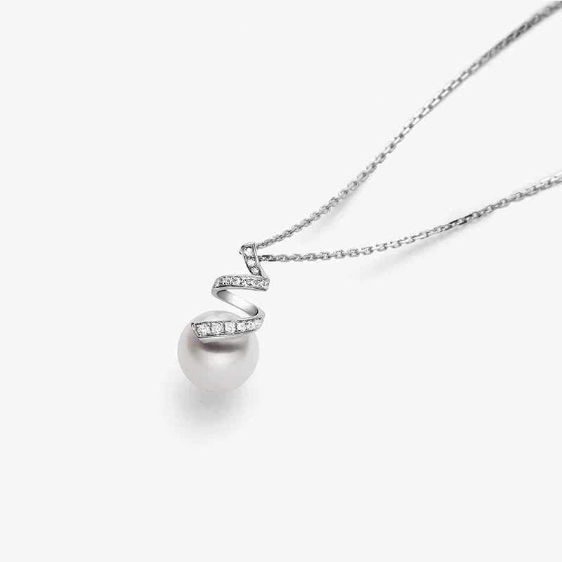 Akoya Pearl 18K White Gold Multi-Curve Wave Diamonds Pendant Necklace - Image 5