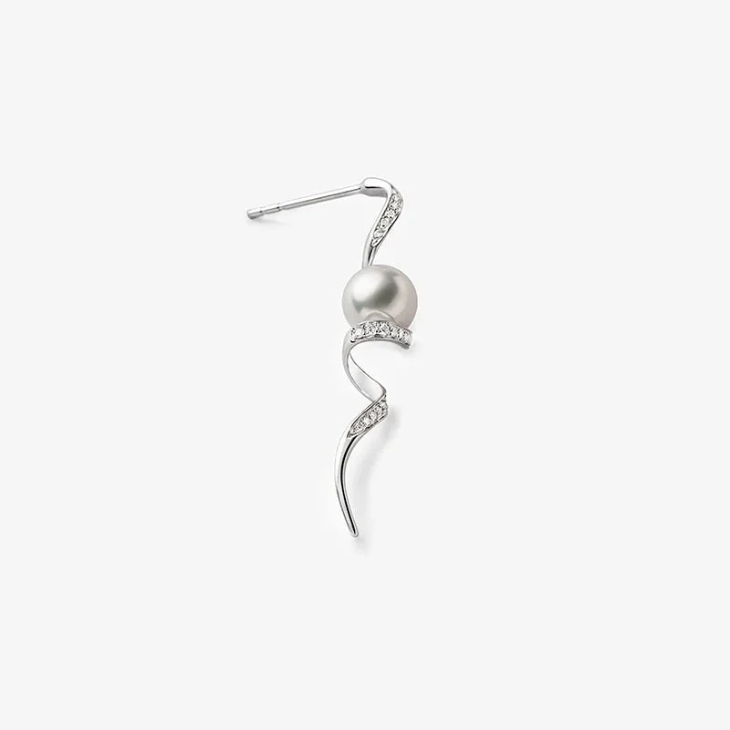 Akoya Pearl 18K Solid Gold Wave Curl Long Drop Diamonds Earrings - Image 5