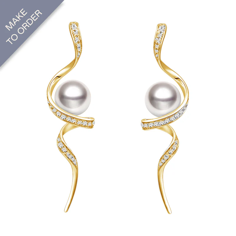 Akoya Pearl 18K Solid Gold Wave Curl Long Drop Diamonds Earrings - Image 7