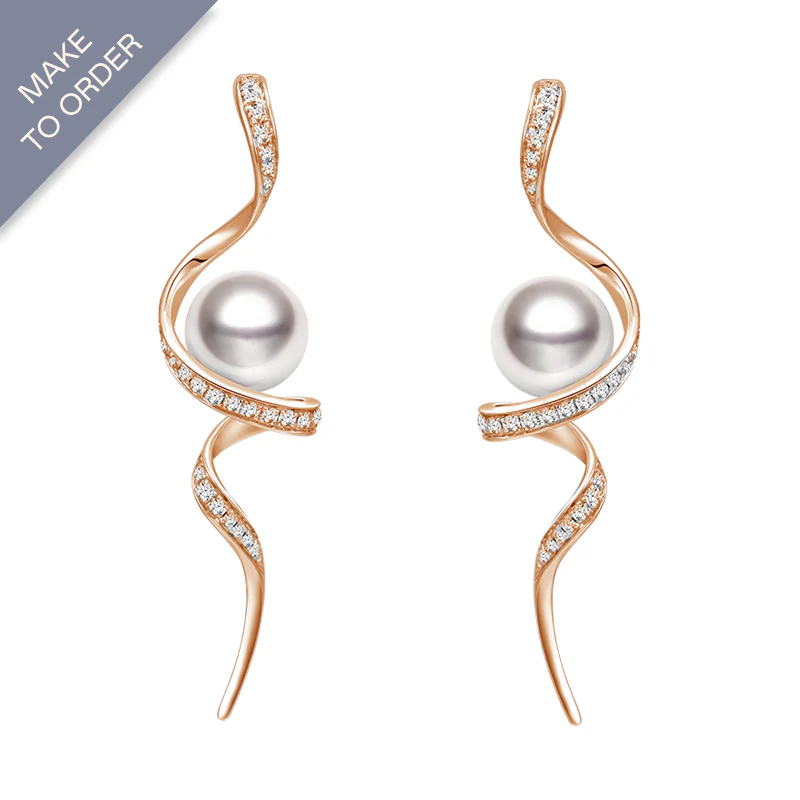 Akoya Pearl 18K Solid Gold Wave Curl Long Drop Diamonds Earrings - Image 8